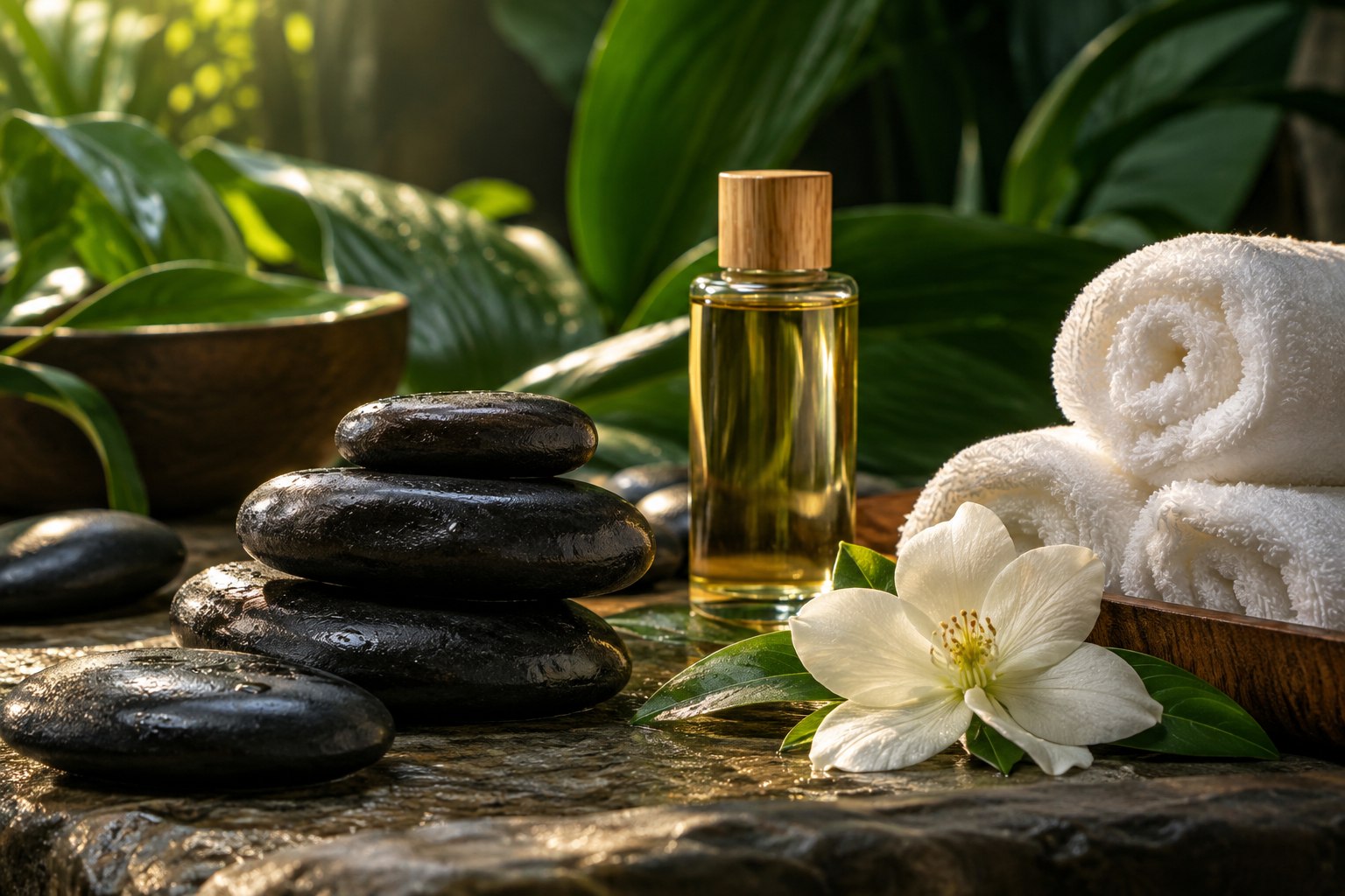 Warm light on massage stones, fresh towels, and a white flower